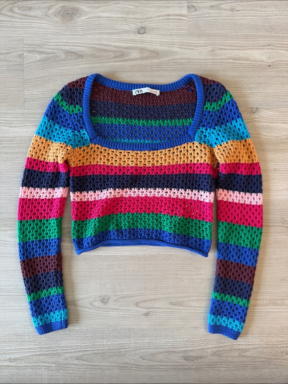 Zara Multicolor Crochet Scoop Neck Cropped Sweater